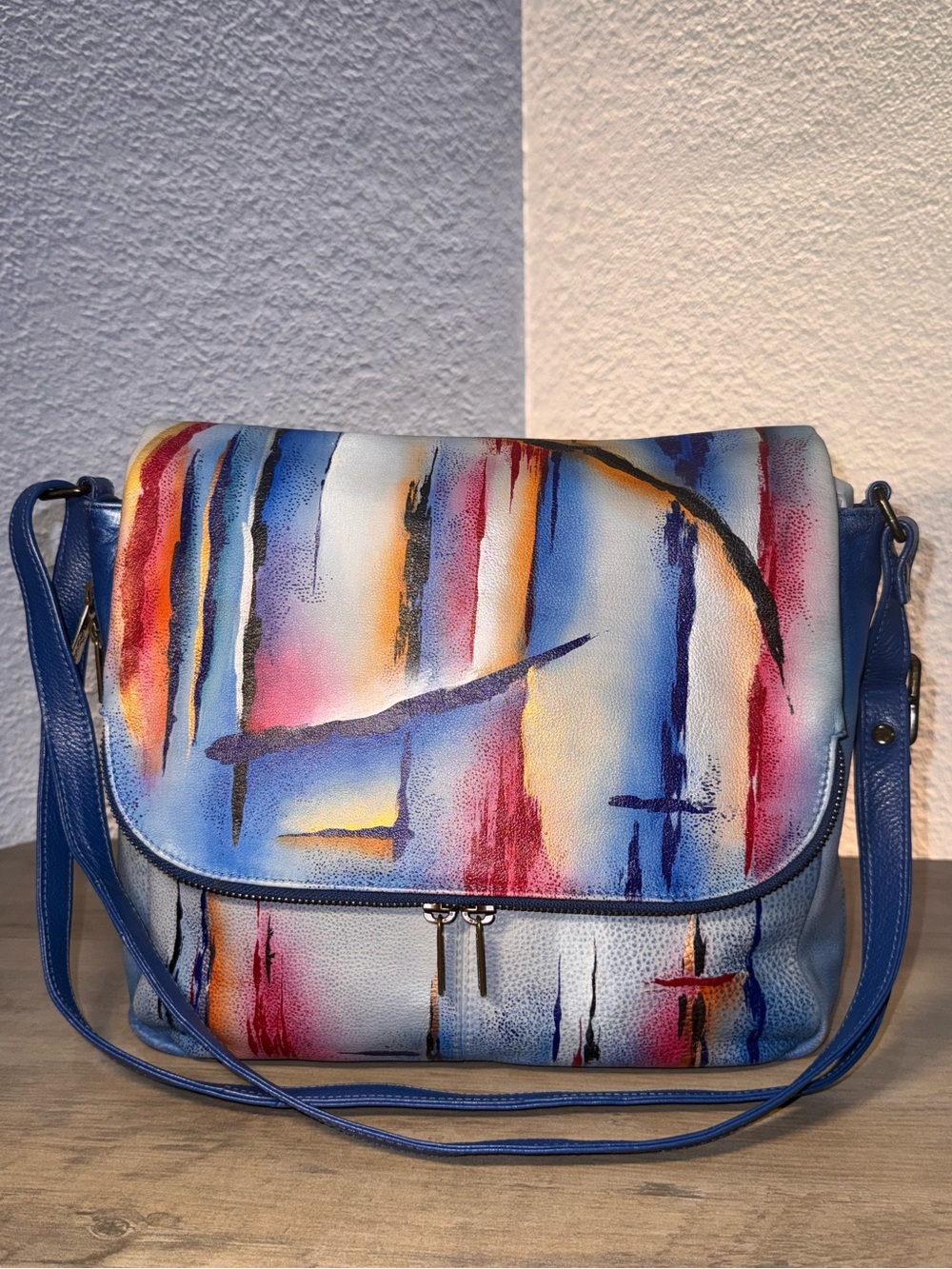 Anuschka Hand Painted Leather Expandable Messenger Crossbody Organizer Bag-LARGE